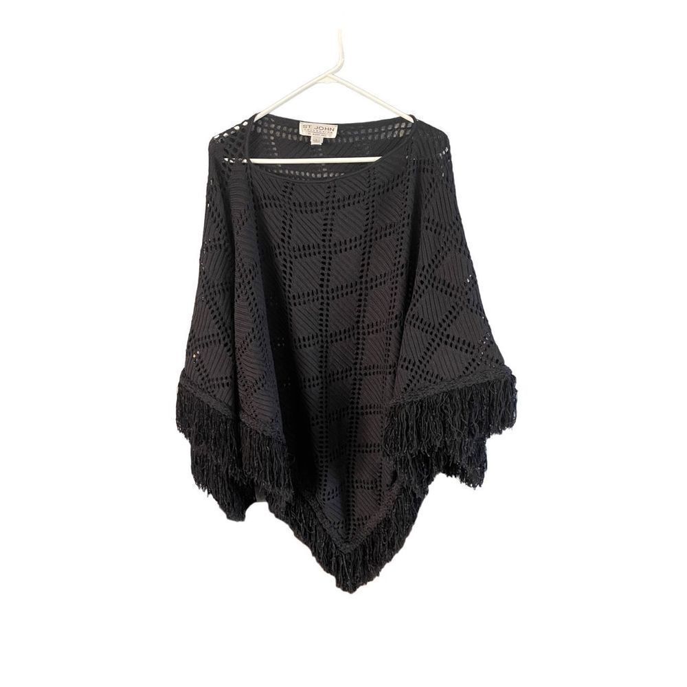 St. John Collection Women Black Ladder Lace Cut-Out Fringe Poncho Sweater Large